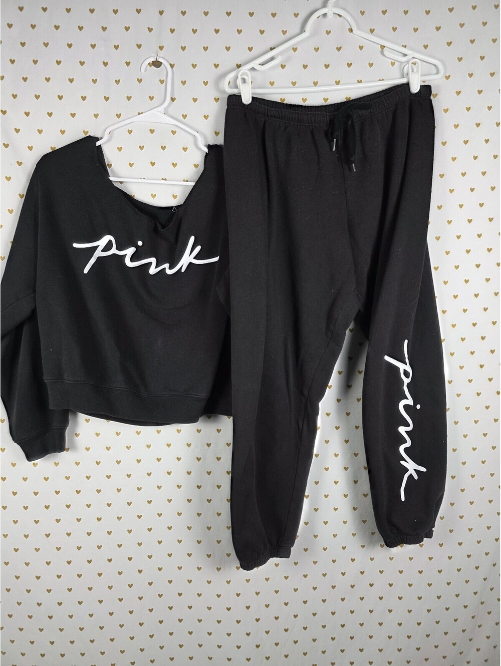 Victorias Secret PINK Slouchy Sweater Set Sweatpants Large Black Logo Sweats 2pc